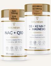 NAC 700mg Coenzima Q10 100mg 120 cáps Vitamina D3 2000 UI K2 MK7 149mcg Magnésio 90 cáps Kit 2x - VITA TRÍADE
