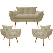 Namoradeira + 2 Poltronas Decorativa Opalla Sala de Estar Consultorio Clinica Suede Bege - Decor Elity