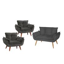 Namoradeira + 2 Poltronas Opala Suede - Cinza