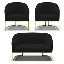 Namoradeira E 2 Poltronas Base Industrial Dourado Stella Linho D03 - D'rossi Cor A79 Preto Namoradeira E 2 Poltronas Base Industrial Dourado Stella Linho D03 - D'rossi Cor A79 Preto