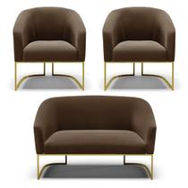 Namoradeira e 2 Poltronas Base Industrial Dourado Stella Suede D03 - D'Rossi