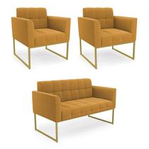 Namoradeira E 2 Poltronas Industrial Dourado Elisa Bouclê Mostarda D03 - D'rossi Namoradeira E 2 Poltronas Industrial Dourado Elisa Bouclê Mostarda D03 - D'rossi