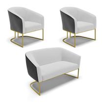 Namoradeira e 2 Poltronas Industrial Dourado Stella Pto/Linho Cinza D03 - D'Rossi Namoradeira e 2 Poltronas Industrial Dourado Stella Pto/Linho Cinza D03 - D'Rossi