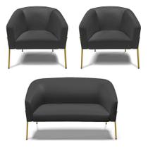 Namoradeira e 2 Poltronas Pé de Ferro Dourado Stella Sintético Preto D03 - D'Rossi Namoradeira e 2 Poltronas Pé de Ferro Dourado Stella Sintético Preto D03 - D'Rossi