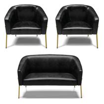 Namoradeira e 2 Poltronas Pé de Ferro Dourado Stella Sintético PU Preto D03 - D'Rossi Namoradeira e 2 Poltronas Pé de Ferro Dourado Stella Sintético PU Preto D03 - D'Rossi