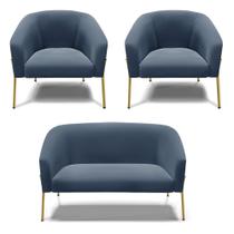 Namoradeira e 2 Poltronas Pé de Ferro Dourado Stella Suede Azul Marinho D03 - D'Rossi Namoradeira e 2 Poltronas Pé de Ferro Dourado Stella Suede Azul Marinho D03 - D'Rossi