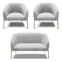 Namoradeira e 2 Poltronas Pé de Ferro Dourado Stella Suede Cinza D03 - D'Rossi