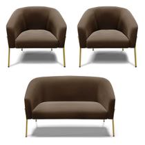 Namoradeira e 2 Poltronas Pé de Ferro Dourado Stella Suede Marrom D03 - D'Rossi Namoradeira e 2 Poltronas Pé de Ferro Dourado Stella Suede Marrom D03 - D'Rossi