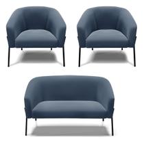Namoradeira e 2 Poltronas Pé de Ferro Preto Stella Suede Azul Marinho D03 - D'Rossi Namoradeira e 2 Poltronas Pé de Ferro Preto Stella Suede Azul Marinho D03 - D'Rossi
