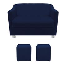 Namoradeira Sofá Tila e 2 Puff Sala Suede Azul Marinho Namoradeira Sofá Tila e 2 Puff Sala Suede Azul Marinho