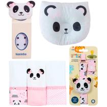 Naninha + Prendedor de chupeta + Fralda de Boca + Travesseiro Anatômico Panda Rosa