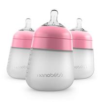 Nanobebe Flexy Silicone Baby Bottles, Anti-Cólica, Natural Feel, Non-Collapsing Nipple, Non-Tip Stable Base, Easy to Clean - 3-Pack, Pink, 9 oz