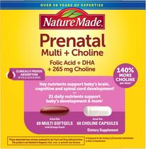 Nature Made Prenatal Vitaminas Softgels + Choline 70 cada Prenatal Vitaminas para Mulher, 70 Multi Prenatal Ácido Fól