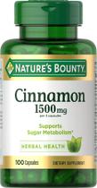 Nature's Bounty Cinnamon Herbal Supplement, Suporta o metabolismo do açúcar, 1500mg cápsulas, 100 contagem