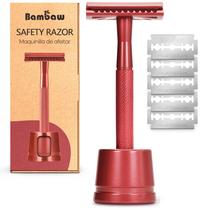 Navalha de segurança Bambaw Double Edge com suporte e 5 lâminas vermelhas Navalha de segurança Bambaw Double Edge com suporte e 5 lâminas vermelhas