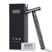 Navalha de Segurança de Dupla Faca para Homens com 10 Lâminas Duplas, Navalha Borboleta de Faca Única - Navalha de Metal para Barbear, Kit Tradicional de Navalha de Uma Faca - Preto Brilhante