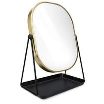 Navaris Vanity Mirror com Bandeja - Espelho de Mesa com Suporte de Metal e Armazenamento - 7" x 9" Tamanho do Espelho - para Maquiagem, Mesa, Mesa - Acabamento Dourado