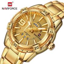 Naviforce marca de luxo relógio ouro aço completo