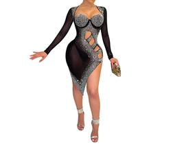 NB0202 Vestido Bordado Pedraria Luxo Festa Balada Plus Size Strass Brilhante Brilhoso Manga Longa Assimétrico Recorte Decote Coração Decotado Moda