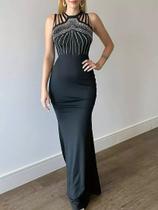 NB0203 Vestido Festa Luxo Longo Brilhante Evento Chique Acinturado Justo Elegância Recorte Assimétrico Tiras Decote Decotado Gala Noite Convidada