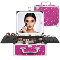 Necessaire de Maquiagem Relevável com Espelho LED Estojo de Viagem Rosa Choque