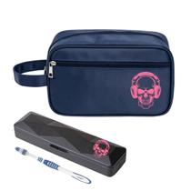 Nécessaire Executiva Nylon Caveira Fone Rosa e Porta Escova Nécessaire Executiva Nylon Caveira Fone Rosa e Porta Escova