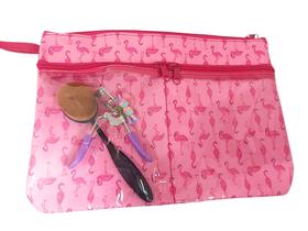 Necessaire grande com dois bolsos transparentes e alça rosa flamingo - LUDI