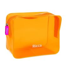 Necessaire Neon Plástico Transparente Laranja Ricca 14x16x8cm