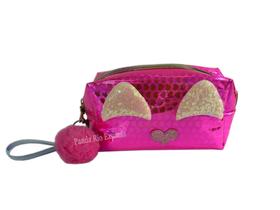 Necessaire Organizadora Holográfica Gatinho Com Chaveiro de Pompom