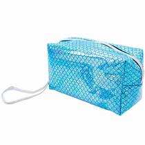 Necessaire Retangular Azul Escamas Sereia 12x10x20cm