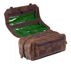 Necessaire Unissex Cinnamon Couro Bovino Marrom Rústico Forro Impermeável