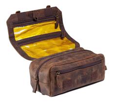 Necessaire Unissex Cinnamon Couro Bovino Marrom Rústico Forro Impermeável