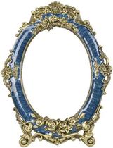 Nerien Decorativo Vintage Espelho de Mesa Retro Metal Bancada Vaidade Maquiagem Espelho Rosa Estampado Espelho Oval Antigo com Suporte para Casa, Quarto, Cômodas, Sala de Estar, Banheiro Azul