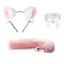 Newy Ears Headbands+Tail+Bell Necklace Cosplay Party Costume for Halloween - White three piece se