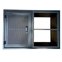 Nicho de Parede Modelo Industrial com Porta de Chapa perfurada de Ferro e Prateleiras de Madeira Maciça Cor Preta Nicho de Parede Modelo Industrial com Porta de Chapa perfurada de Ferro e Prateleiras de Madeira Maciça Cor Preta