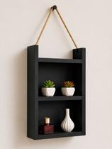 Nicho Decorativo Suspenso MDF Preto com Corda 2 Prateleiras 45x30x10