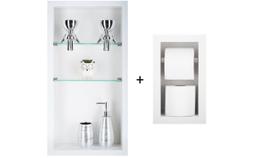 Nicho Em Porcelanato Com Prateleira De Vidro Para Banheiro E Porta Papel Higiênico - Kit com 2 Peças (Branco)