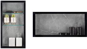 Nicho Em Porcelanato Para Banheiro E Nicho com Prateleira De Vidro - Kit com 2 peças (Cinza/Preto)