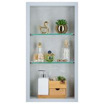 Nicho Para Banheiro Em Porcelanato Polido Com Prateleira De Vidro Cinza Claro