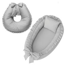 Ninho e Almofada Amamentação Babado Percal Algodão Cinza Ninho e Almofada Amamentação Babado Percal Algodão Cinza
