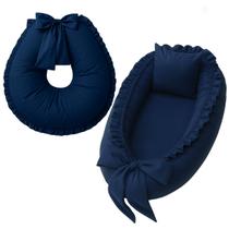 Ninho e Almofada Amamentação Babado Percal Azul Marinho