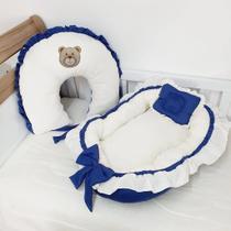 Ninho Redutor De Berço + Almofada de Amamentação com Babado e amarris ursinho marinho com palha