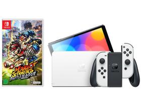 Nintendo Switch OLED 64GB Branco 1 Par de - Controles Joy-Con 7.0” + Mario Strikers