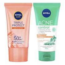 NIVEA Kit Protetor Solar Facial Sun Triple Protect Antiacne FPS50 40ml + Sabonete Facial em Gel Acne Control Limpeza Profunda 150ml NIVEA Kit Protetor Solar Facial Sun Triple Protect Antiacne FPS50 40ml + Sabonete Facial em Gel Acne Control Limpeza Profunda 150ml