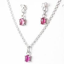 Nlux Conjunto Colar E Brinco Pedra Turmalina Rosa Prata 950