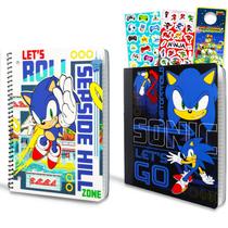 Notebook e Pastas Sonic para Escola - Kit Completo com Adesivos e Cabide de Porta