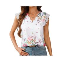 Nova camisa estampada de renda sem mangas com decote em V de verão Nova camisa estampada de renda sem mangas com decote em V de verão