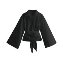 Nova moda feminina casual polo pescoço laço até edição curta duplo breasted popeline camisa