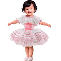 Novinha Caipira Bebe Menina Vestido de Luxo Branco e Rosa Com Corselet Ajustável Com Tiara e Véu de 0 a 2 anos Novinha Caipira Bebe Menina Vestido de Luxo Branco e Rosa Com Corselet Ajustável Com Tiara e Véu de 0 a 2 anos