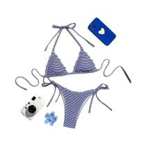 Novo conjunto de biquíni listrado sexy com gravata lateral para mulheres, maiô de praia